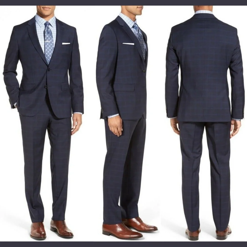 NEW‎ 2PC BOSS Hugo Boss Trim Fit Plaid Wool Suit Navy Blue [SZ 38R/40R ]